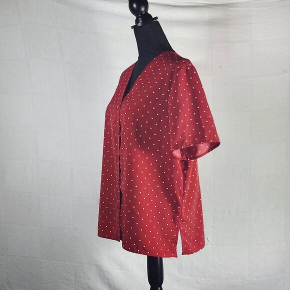 Kathie Lee Collection Vtg Brick Red White Polka Dot Poly Button Up SS Top Sz XL - Picture 9 of 16